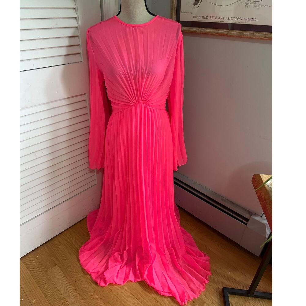 Asos Dress Womens 8 Hot Pink Pleated Long Sleeve Chiffon Dopamine Fairy Gala